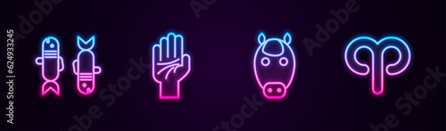 Set line Pisces zodiac, Palmistry of the hand, Horse and Aries. Glowing neon icon. Vector