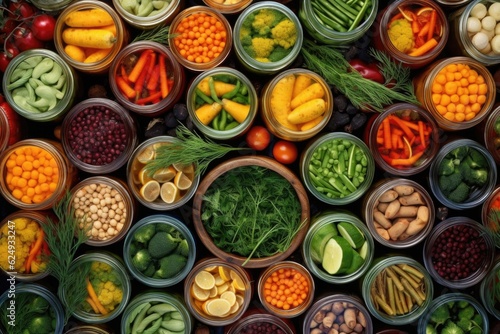 top view of canning jars with vibrant vegetables and spices, created with generative ai