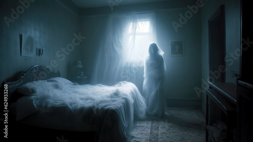 In a spooky Halloween illustration, a ghost hovers eerily in a bedroom, its ethereal form merging with the haunting atmosphere. © tania_wild