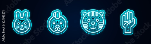 Set line Rabbit zodiac, Rooster, Tiger and Palmistry of the hand. Glowing neon icon. Vector