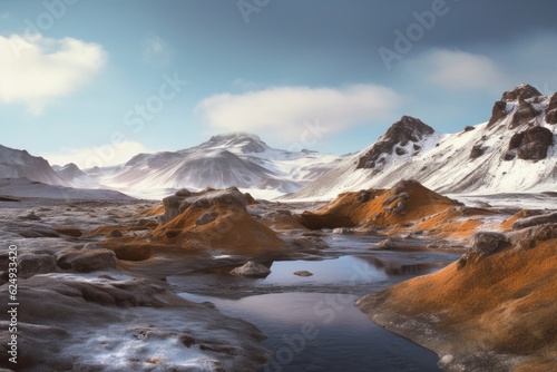 volcanic landscape with contrasting hot springs and frozen ground  created with generative ai