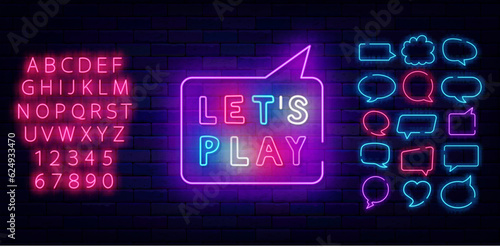 Lets play neon label. Speech bubbles frames collection. Game begining sign. Vector stock illustration