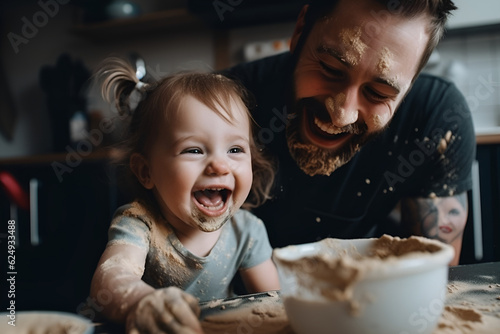parent and child baking cookies, father and daughter cooking together - generative ai