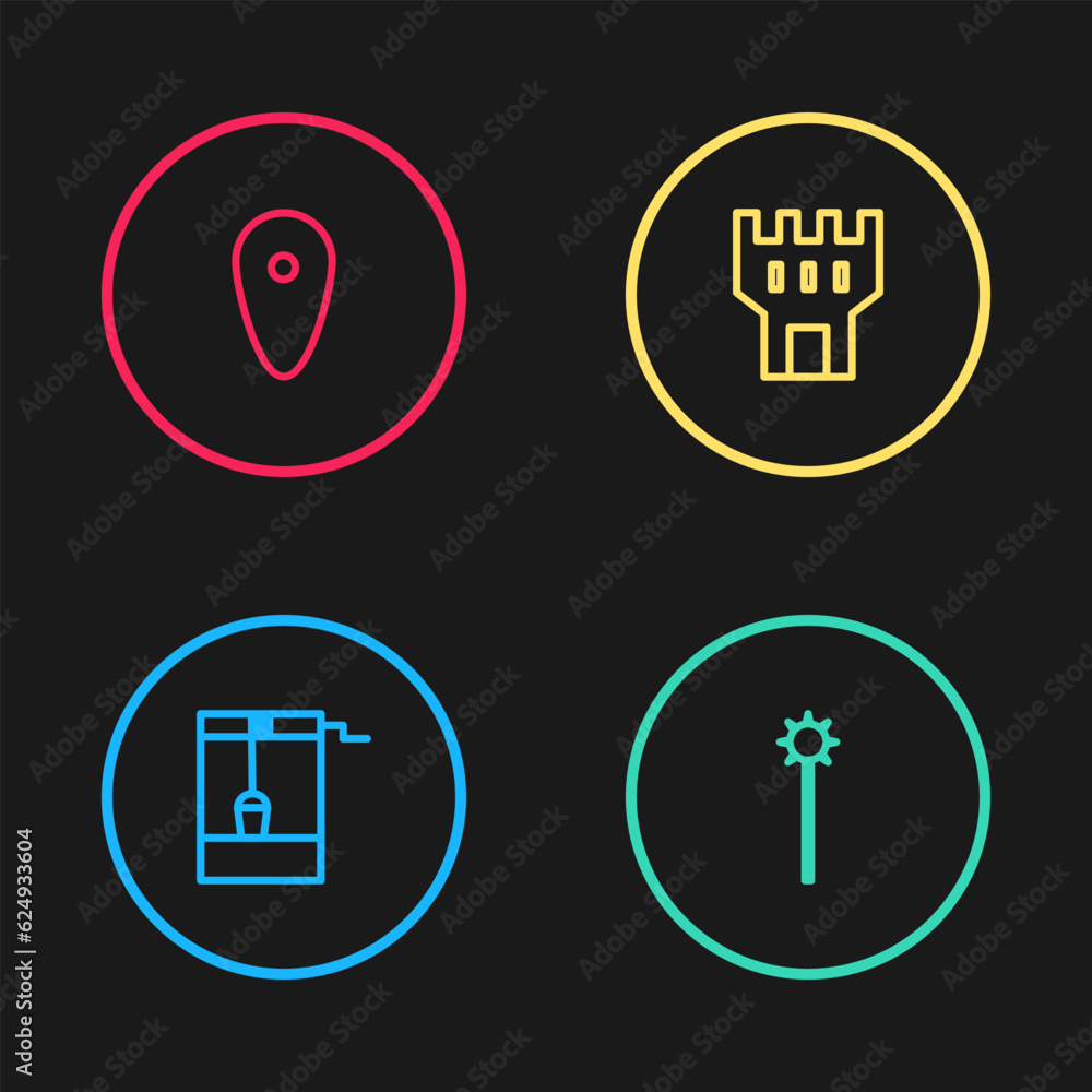 Set line Well with bucket, Medieval chained mace ball, Castle tower and Shield icon. Vector Set line Well with bucket, Medieval chained mace ball, Castle tower and Shield icon. Vector