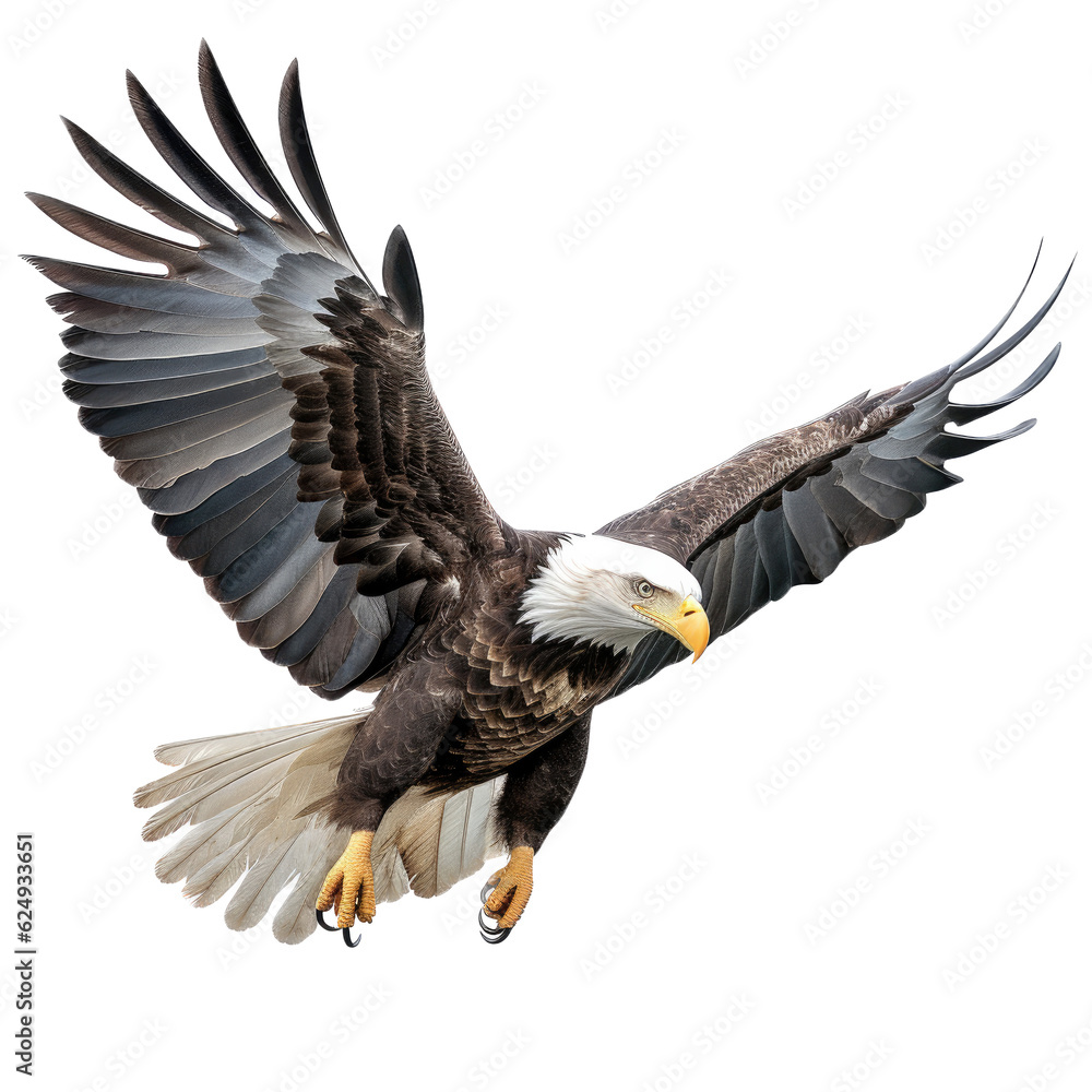 a Bald Eagle (Haliaeetus leucocephalus) in flight, 3/4 view, American Icon of Freedom in a Nature-themed, photorealistic illustration in a PNG, cutout, and isolated. Generative AI a Bald Eagle (Haliaeetus leucocephalus) in flight, 3/4 view, American Icon of Freedom in a Nature-themed, photorealistic illustration in a PNG, cutout, and isolated. Generative AI