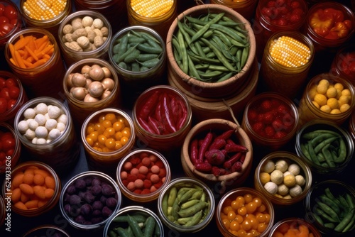 colorful assortment of canned autumn vegetables, created with generative ai