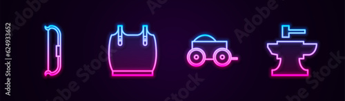 Set line Medieval bow, Body armor, Wooden four-wheel cart and Anvil for blacksmithing hammer. Glowing neon icon. Vector