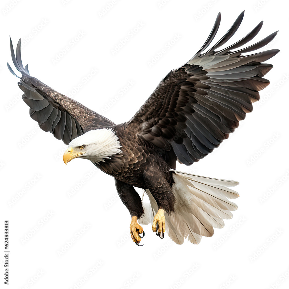 Obraz premium a Bald Eagle (Haliaeetus leucocephalus) in flight, full body 3/4 view in a Wildlife-themed, photorealistic illustration in a PNG format, cutout, and isolated: Generative AI