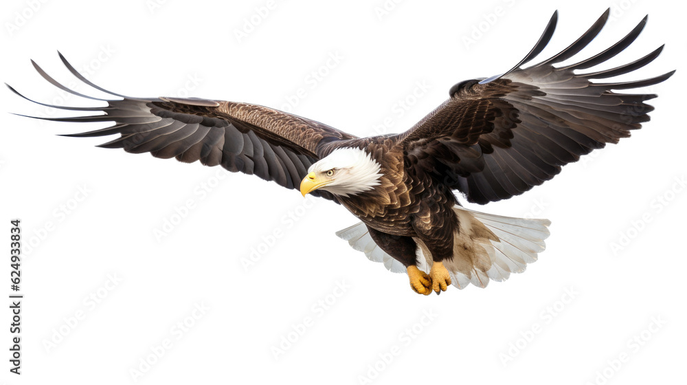 Fototapeta premium a Bald Eagle (Haliaeetus leucocephalus) in flight, full body 3/4 view in a Wildlife-themed, photorealistic illustration in a PNG format, cutout, and isolated: Generative AI