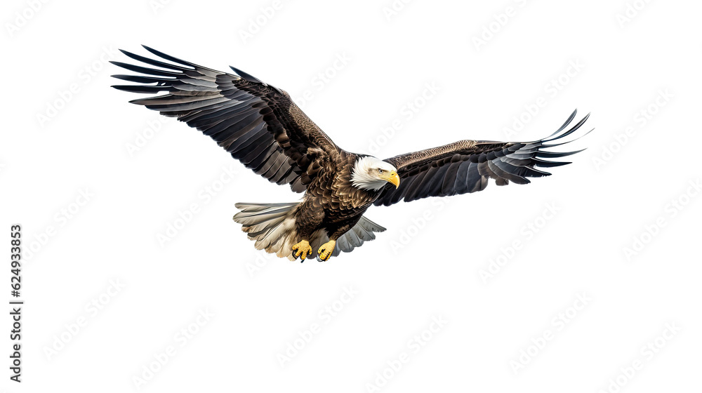 Obraz premium a Bald Eagle (Haliaeetus leucocephalus) in flight, full body 3/4 view in a Wildlife-themed, photorealistic illustration in a PNG format, cutout, and isolated: Generative AI