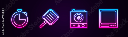 Set line Kitchen timer, Frying pan, Electric stove and Electronic scales. Glowing neon icon. Vector