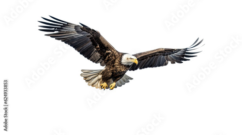 a Bald Eagle (Haliaeetus leucocephalus) in flight, full body 3/4 view in a Wildlife-themed, photorealistic illustration in a PNG format, cutout, and isolated: Generative AI © Purple Penguin GFX