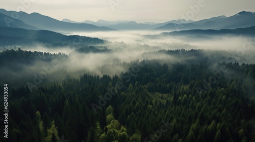 Misty foggy mountain landscape with forest. Generative AI