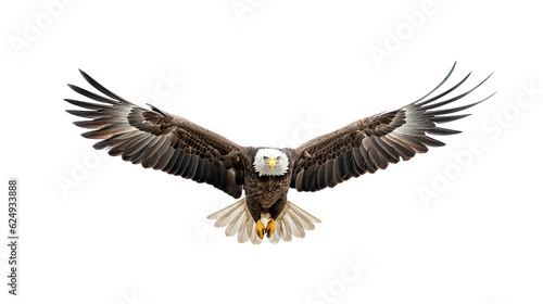 a Bald Eagle (Haliaeetus leucocephalus) in flight, full body frontal view in a Wildlife-themed, photorealistic illustration in a PNG format, cutout, and isolated. Generative AI