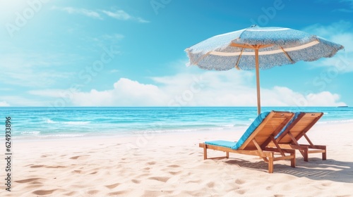 Beach chairs and umbrella on a white sandy beach. Generative AI © Lubos Chlubny