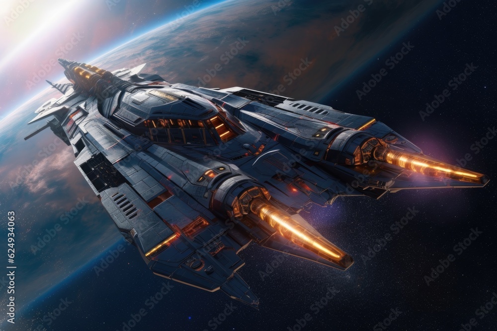 Obraz premium a sleek spaceship exploring a distant galaxy, created with generative ai