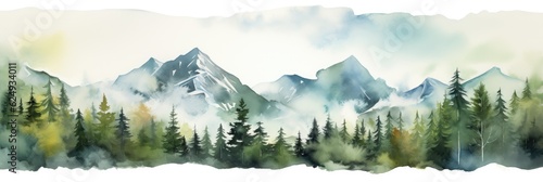 Watercolor painting of beautiful mountains, mountain peak landscape with forest. Panorama banner. Generative AI © Lubos Chlubny