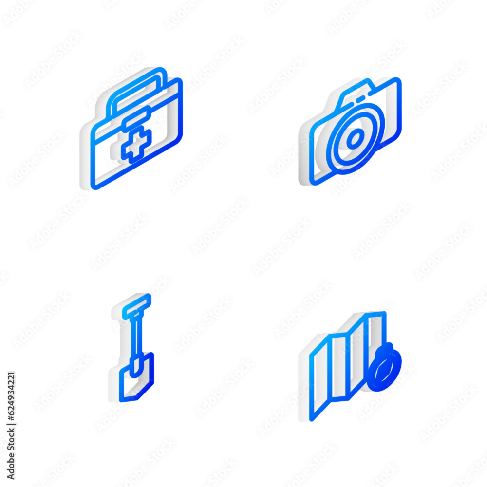 Set Isometric line Photo camera, First aid kit, Shovel and Location of the forest on map icon. Vector Set Isometric line Photo camera, First aid kit, Shovel and Location of the forest on map icon. Vector