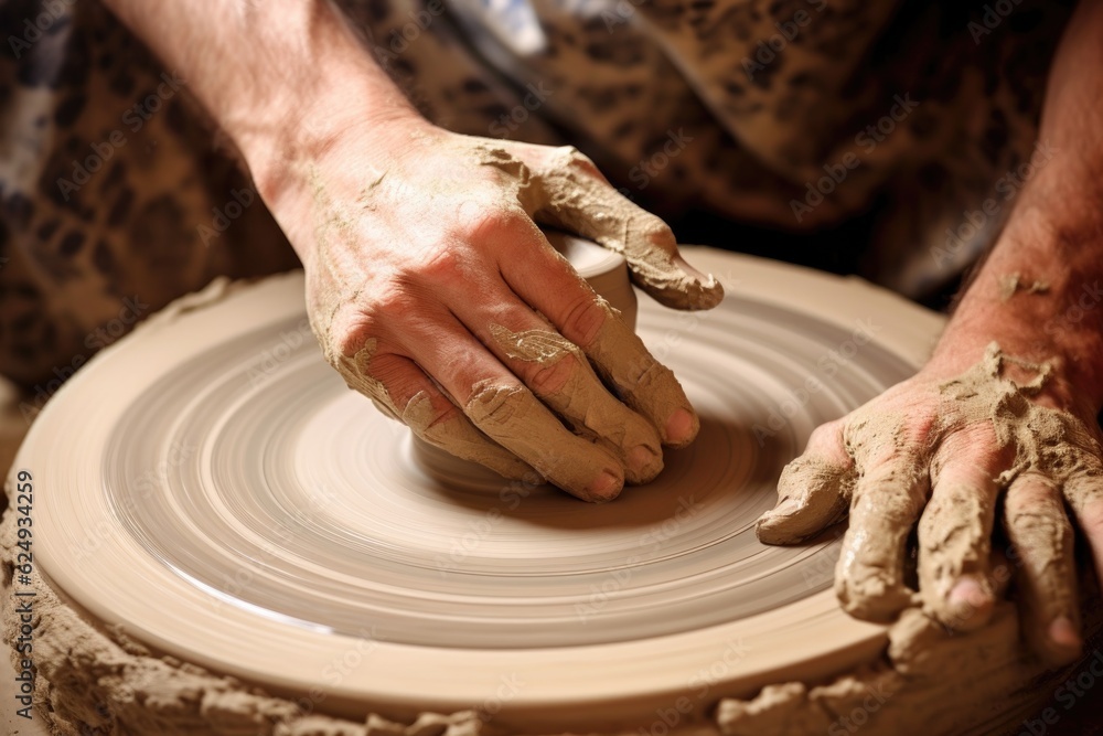hands shaping clay on pottery wheel, created with generative ai