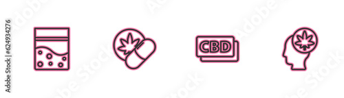 Set line Plastic bag of cannabis, Cannabis molecule, Herbal ecstasy tablets and Head with marijuana or icon. Vector