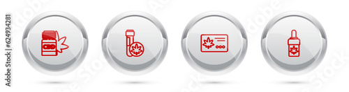 Set line Medical bottle with marijuana, Chemical test tube, Calendar and leaf and Marijuana or cannabis olive oil. Silver circle button. Vector