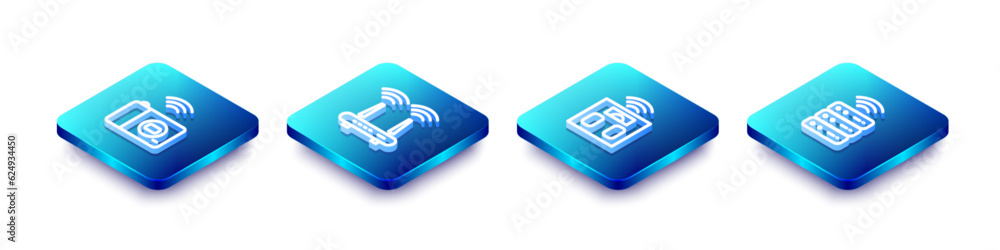 Set Isometric line Smart photo camera, Router and wi-fi signal, bathroom scales and server icon. Vector Set Isometric line Smart photo camera, Router and wi-fi signal, bathroom scales and server icon. Vector