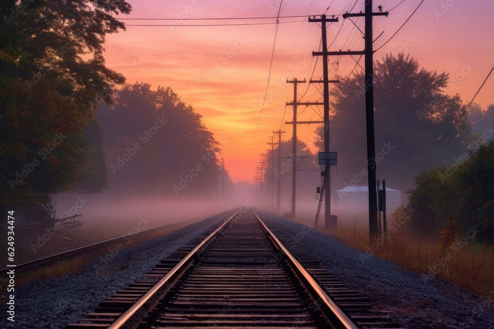 misty train tracks leading into the distance at dawn, created with generative ai