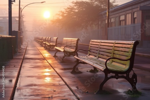 early morning dew on train station benches, created with generative ai