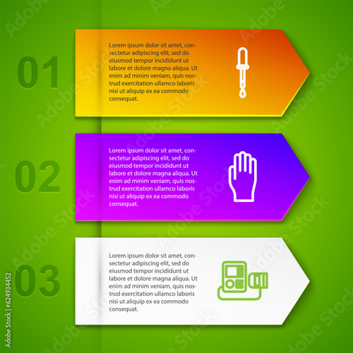Set line Pipette, Medical rubber gloves, Blood pressure and Enema. Business infographic template. Vector