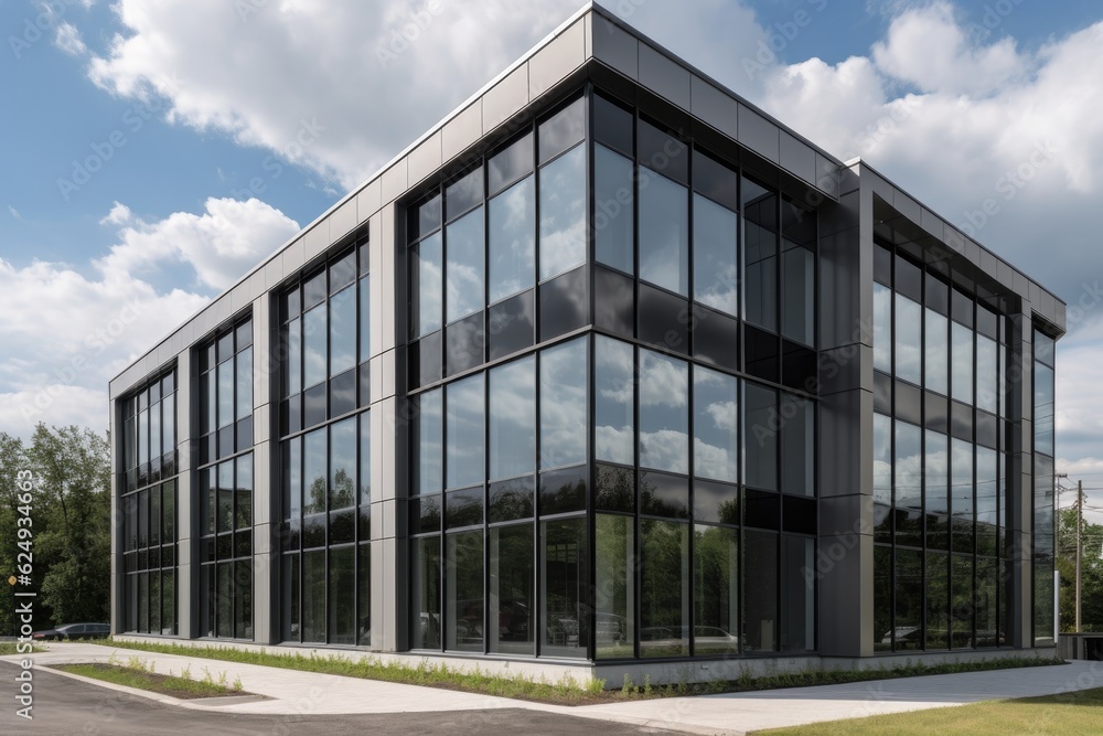 modern office building with large windows and sleek exterior design, created with generative ai modern office building with large windows and sleek exterior design, created with generative ai