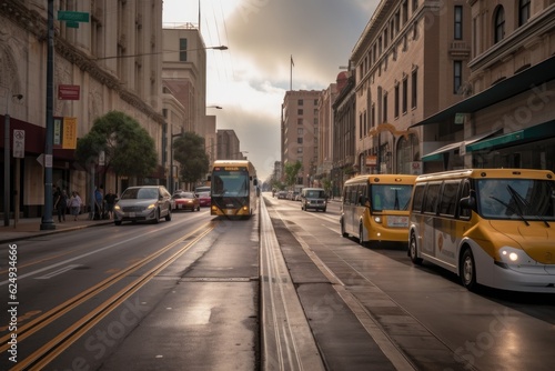 electric buses on dedicated lanes in downtown  created with generative ai