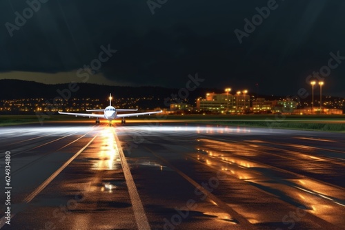 airport runway lit up with led lights at night, created with generative ai © altitudevisual