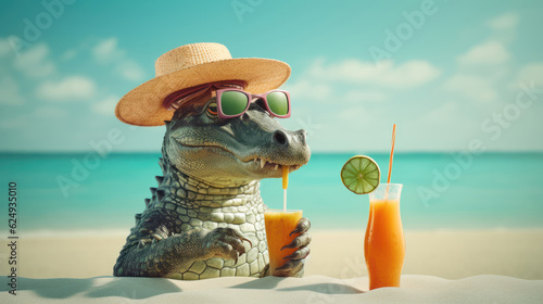 A stylish alligator sporting a hat and sunglasses savors a frosty beverage while enjoying the sandy seashore. Generative AI.
