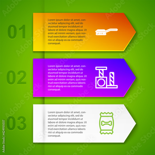 Set line Hair brush for dog and cat, Cat scratching post and Bag of food pet. Business infographic template. Vector