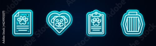 Set line Clinical record pet, Heart with dog, and Pet carry case. Glowing neon icon. Vector