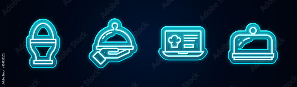 Set line Chicken egg on stand, Covered with tray of food, Online ordering delivery and . Glowing neon icon. Vector Set line Chicken egg on stand, Covered with tray of food, Online ordering delivery and . Glowing neon icon. Vector