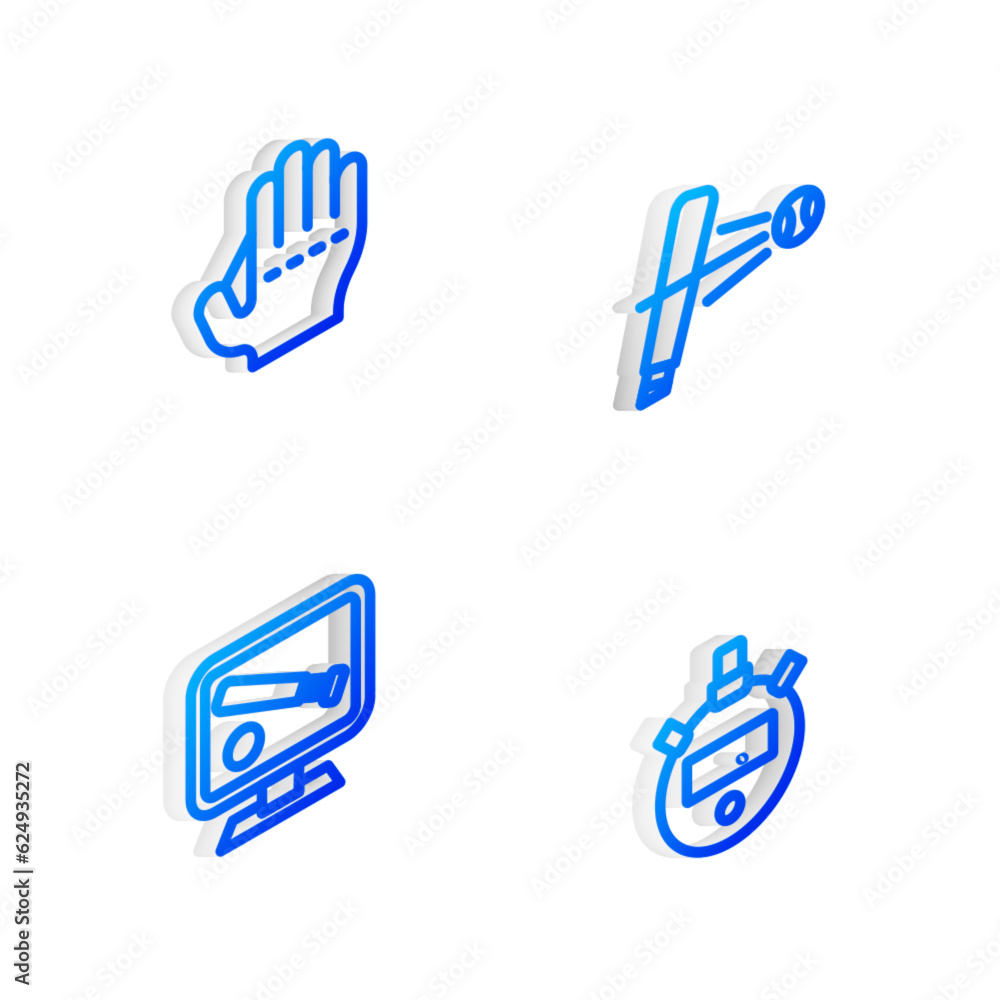 Set Isometric line Baseball bat with ball, glove, Monitor baseball game and Stopwatch icon. Vector Set Isometric line Baseball bat with ball, glove, Monitor baseball game and Stopwatch icon. Vector