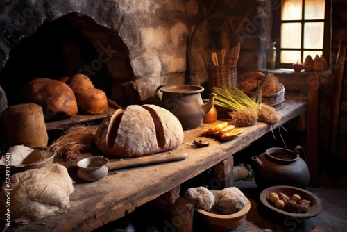 traditional bread baking: stone oven and ingredients, created with generative ai