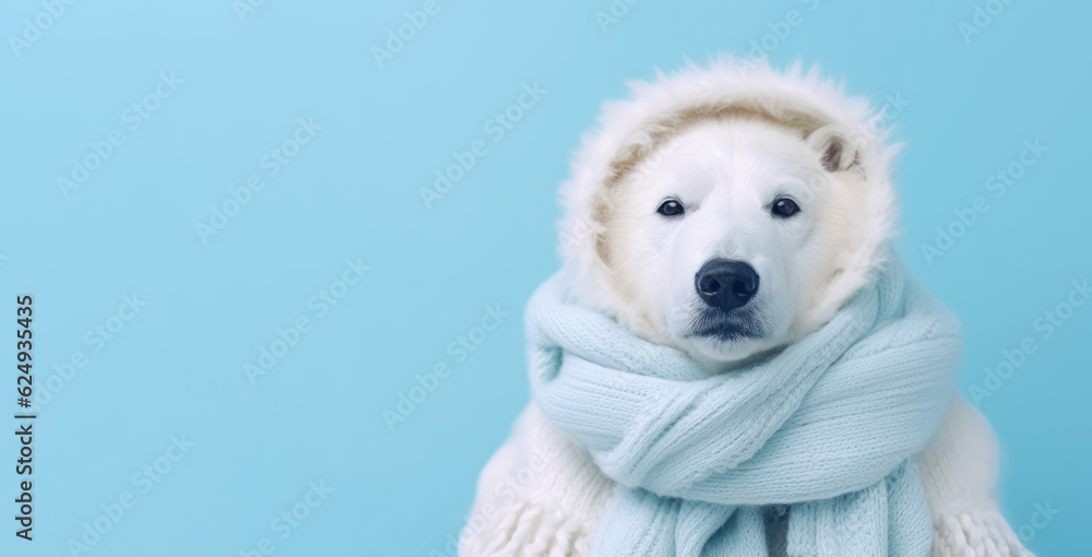 Portrait of an cute polar bear with fluffy white winter cap and pastel blue scarf. Copy space. Generative AI.