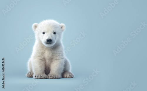 Cute fluffy polar bear baby sitting on pastel blue background. Copy space. Generative AI.