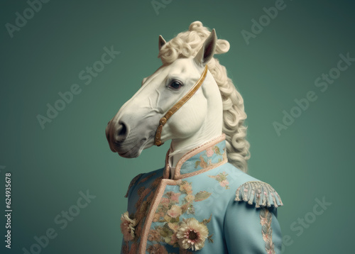 A mesmerizing abstract portrait of a magnificent white horse adorned in a retro-modern suit inspired by French court fashion during the Middle Ages. Generative AI.