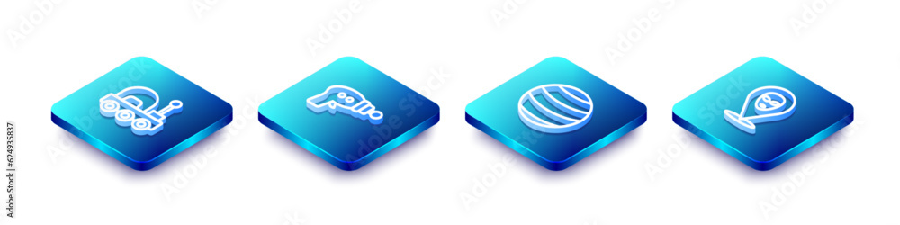 Set Isometric line Mars rover, Ray gun, Planet and Alien icon. Vector Set Isometric line Mars rover, Ray gun, Planet and Alien icon. Vector