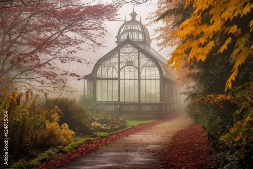 misty morning view of a victorian greenhouse in a park, created with generative ai