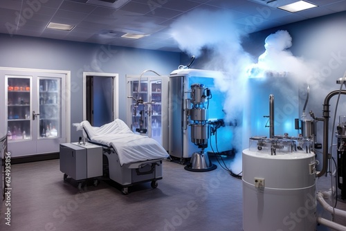 liquid nitrogen vapor filling cryotherapy room, created with generative ai photo