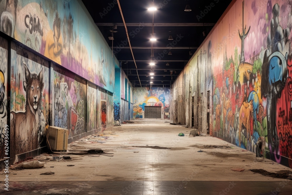 graffiti-covered walls inside a vacant mall, created with generative ai