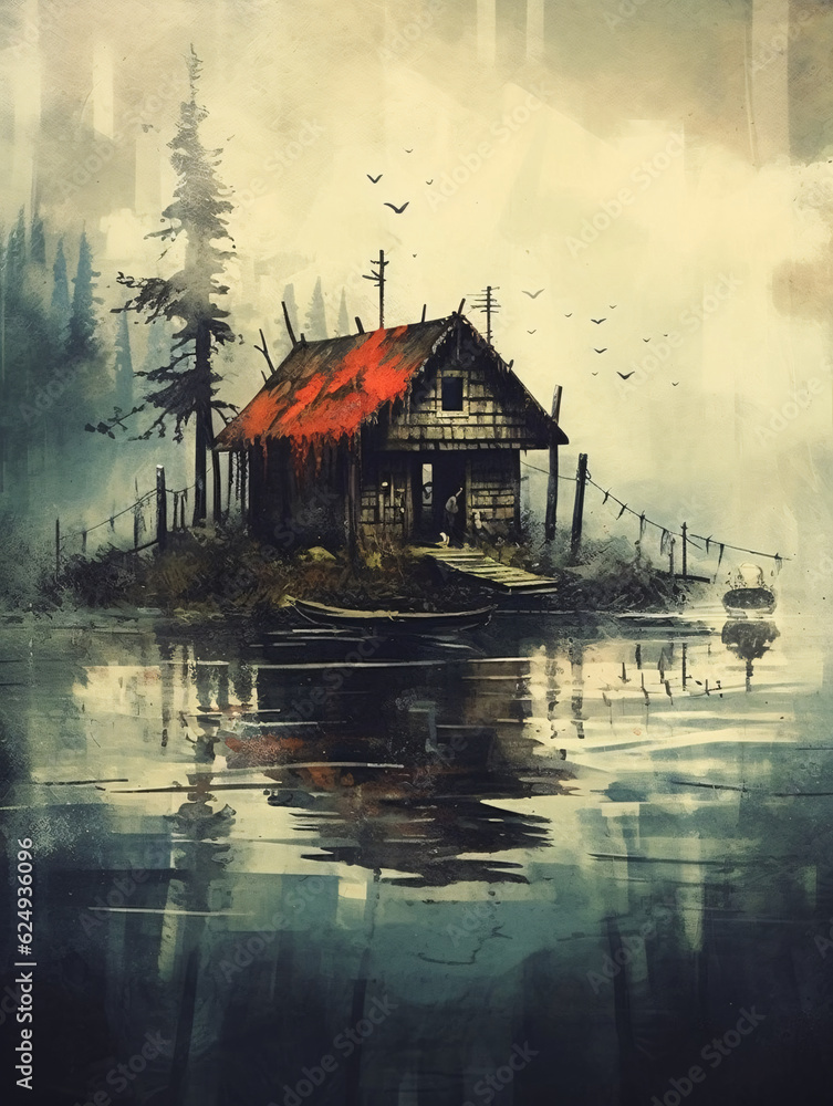 Fototapeta premium A solitary cabin nestled in an creepy swamp,
