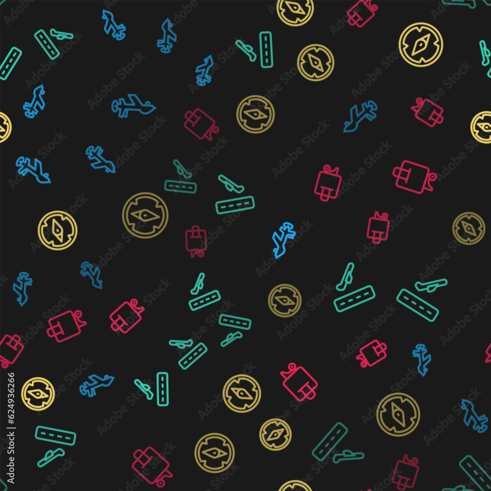 Set line UAV Drone, Plane takeoff, Compass and Suitcase on seamless pattern. Vector Set line UAV Drone, Plane takeoff, Compass and Suitcase on seamless pattern. Vector