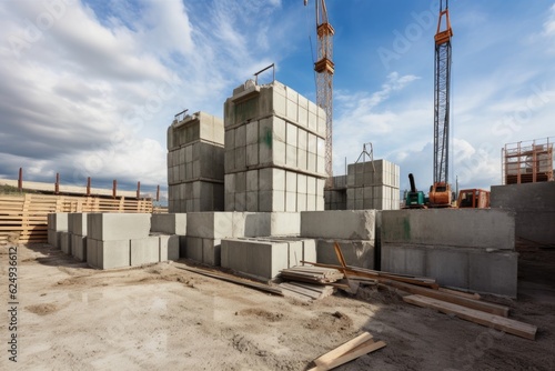 construction site with crane lifting heavy concrete blocks, for building projects, created with generative ai