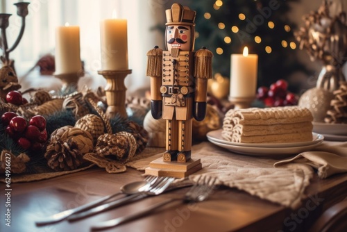 handmade wooden nutcracker on a festive table, created with generative ai