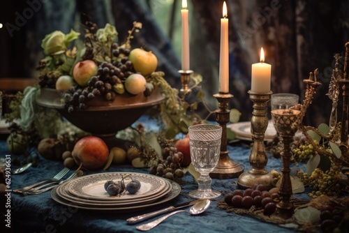 festive table setting with antique silverware, created with generative ai
